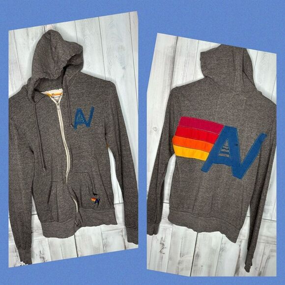AVIATOR NATION GRAY FULL ZIP APPLIQUE FULL BACK LOGO HOODIE HOODED SWEATSHIRT XS